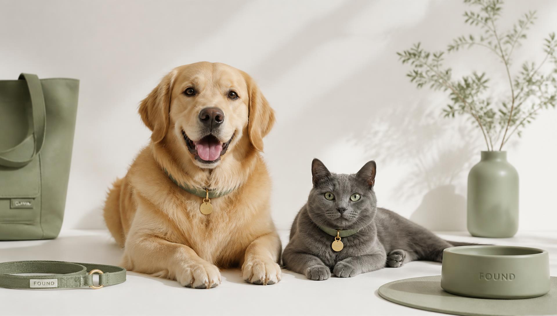A dog and a cat wearing Sr.petgo collars, surrounded by pet accessories